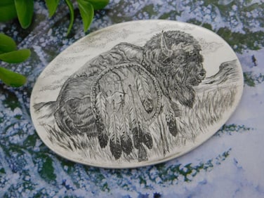 Scrimshaw Cabochon Engraved Buffalo and Dreamcatcher Design