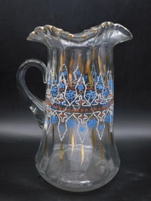 Glass Pitcher with Handpainted Design and Ruffled Rim