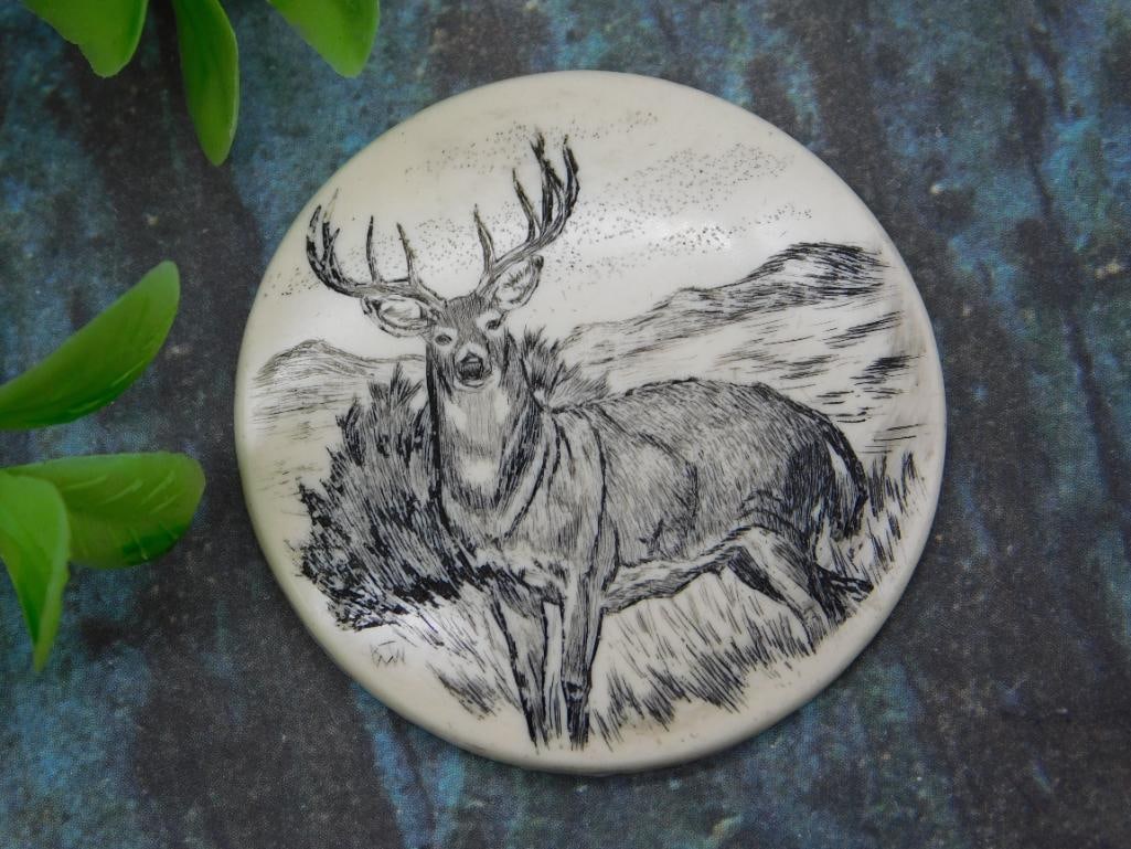 Engraved Deer Scene on Scrimshaw Cabochon: Engraved Deer Scene on Scrimshaw Cabochon