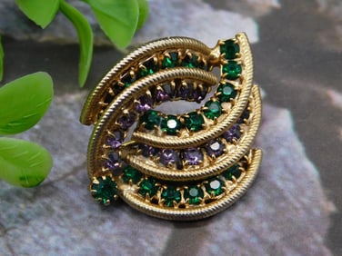 Vintage Gold-Toned Brooch With Green and Purple Rhinestones