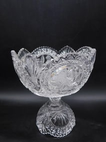 Cut Glass Compote Bowl With Bird and Leaf Motif