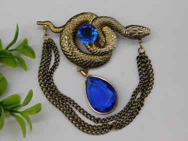 Gold-Tone Snake Brooch with Blue Rhinestones