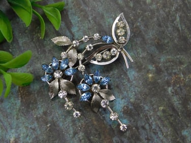 Rhinestone Floral Brooch with Blue and Clear Accents