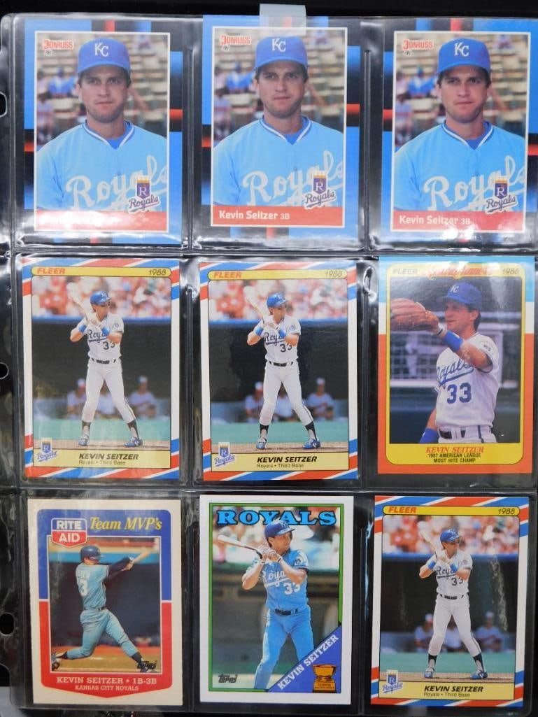 Kevin Seitzer Baseball Cards: - Includes multiple baseball cards featuring Kevin Seitzer, player for the Kansas City Royals and others. | - Cards are stored in a plastic sleeve for protection and easy viewing. | - Fronts and backs