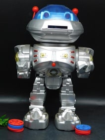 Silver Toy Robot with Blue Head and Accessories