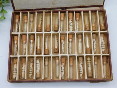 Vintage Watch Pieces in Vial Collection in Case WATCHMAKER WATCHMAKING TOOLS