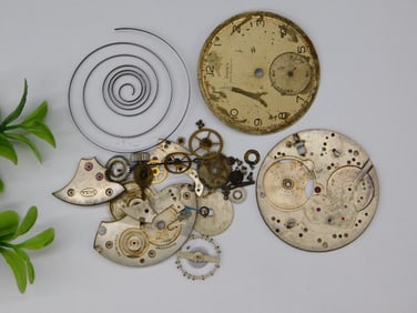 Vintage Watch Parts Including Dials, Gears, and Movements WATCHMAKER WATCHMAKING TOOLS