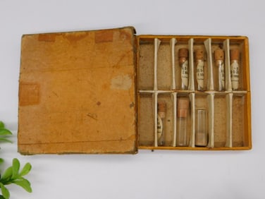 Vintage Wooden Box With Glass Vials, Swiss-Labeled WATCHMAKER WATCHMAKING TOOLS