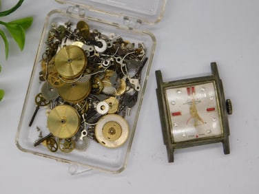 Vintage Lucerne Watch Face with Box of Watch Parts Watchmaker Watchmaking Tools