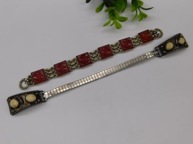 Two Vintage Bracelets with Red and Cream Accents Watchmaker Watchmaking Tools