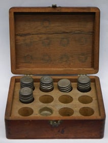 Vintage Wooden Box With Small Vials and Metal Contents Watchmaker Watchmaking Tools