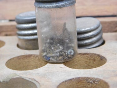 Vintage Wooden Box With Small Vials and Metal Contents Watchmaker Watchmaking Tools