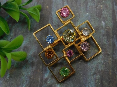 Gold-Tone Geometric Brooch with Multicolor Rhinestones