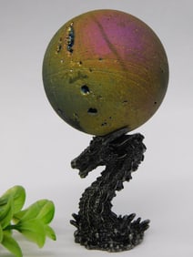 Fantasy Dragon and Druzy Titanium Sphere Decorative Sculpture ROCK STONE LAPIDARY SPECIMEN