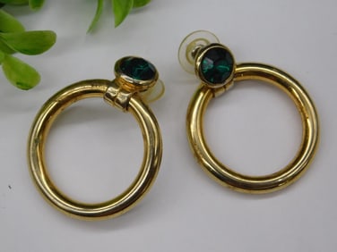 Vintage Gold-Tone Hoop Earrings With Green Gem Accents