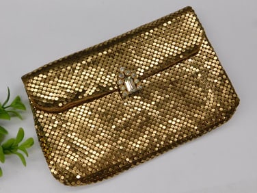 Vintage Gold-Tone Mesh Evening Clutch with Rhinestone Detail
