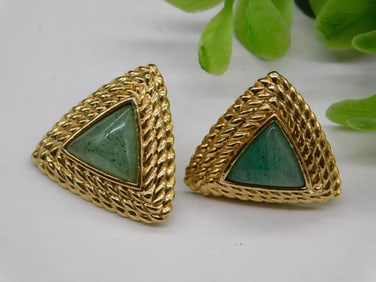 Vintage Gold Tone Earrings With Green Triangle Accents