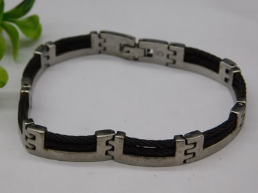 Men?s Stainless Steel and Black Cable Bracelet