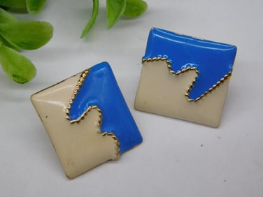 Gold-Tone Blue and Beige Abstract Design Clip-On Earrings