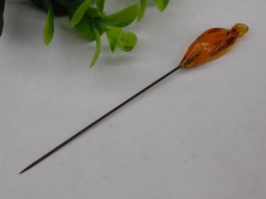 Antique Amber-Handled Hat Pin with Metal Shaft