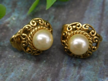 Vintage Gold-Tone Clip-On Earrings with Faux Pearls