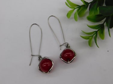 Silver Dangle Earrings with Red Bead Accent