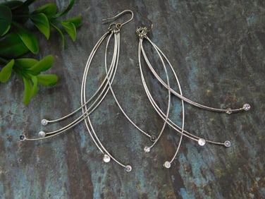 Long Silver-Tone Dangle Earrings with Clear Accents