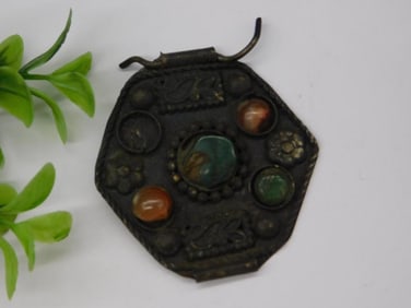 Octagonal Metal Pendant with Colored Stone Inlay