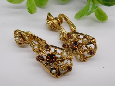 Vintage Gold-Tone Earrings with Faux Pearls and Brown Stones