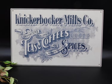 Knickerbocker Mills Co. Tin Advertising Sign for Teas, Coffees, and Spices