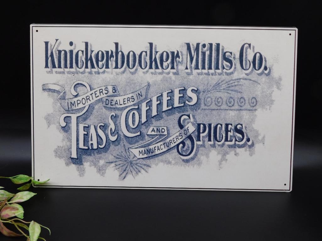 Knickerbocker Mills Co. Tin Advertising Sign for Teas, Coffees, and Spices: Knickerbocker Mills Co. Tin Advertising Sign for Teas, Coffees, and Spices