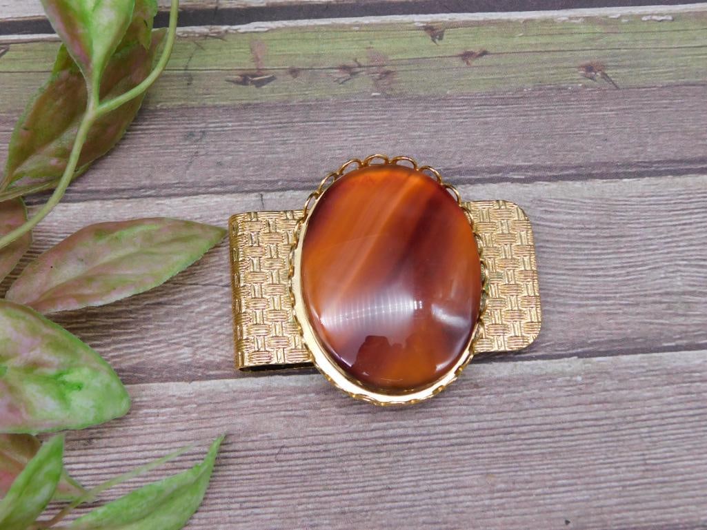Gold-Tone Money Clip With Oval Amber Stone Accent: Gold-Tone Money Clip With Oval Amber Stone Accent
