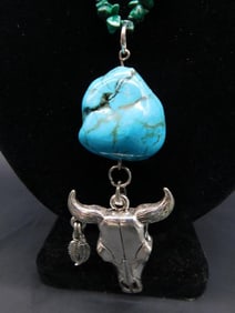 COW SKULL AND TURQUOISE PENDANT ON MALACHITE CHIP NECKLACE