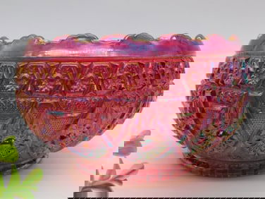 Ruby Red Iridescent Carnival Glass Bowl with Scalloped Rim