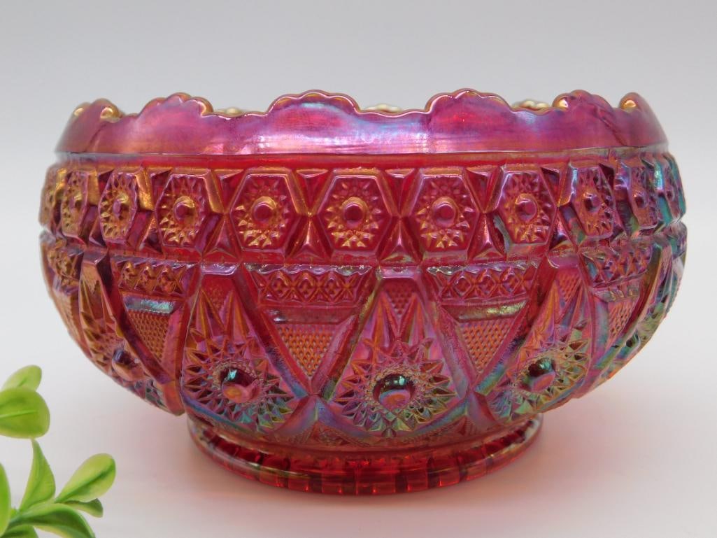 Ruby Red Iridescent Carnival Glass Bowl with Scalloped Rim: Ruby Red Iridescent Carnival Glass Bowl with Scalloped Rim