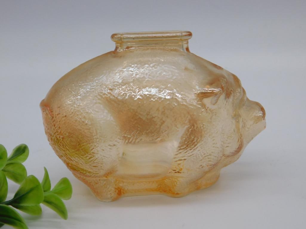 Amber Glass Piggy Bank with Textured Surface: Amber Glass Piggy Bank with Textured Surface