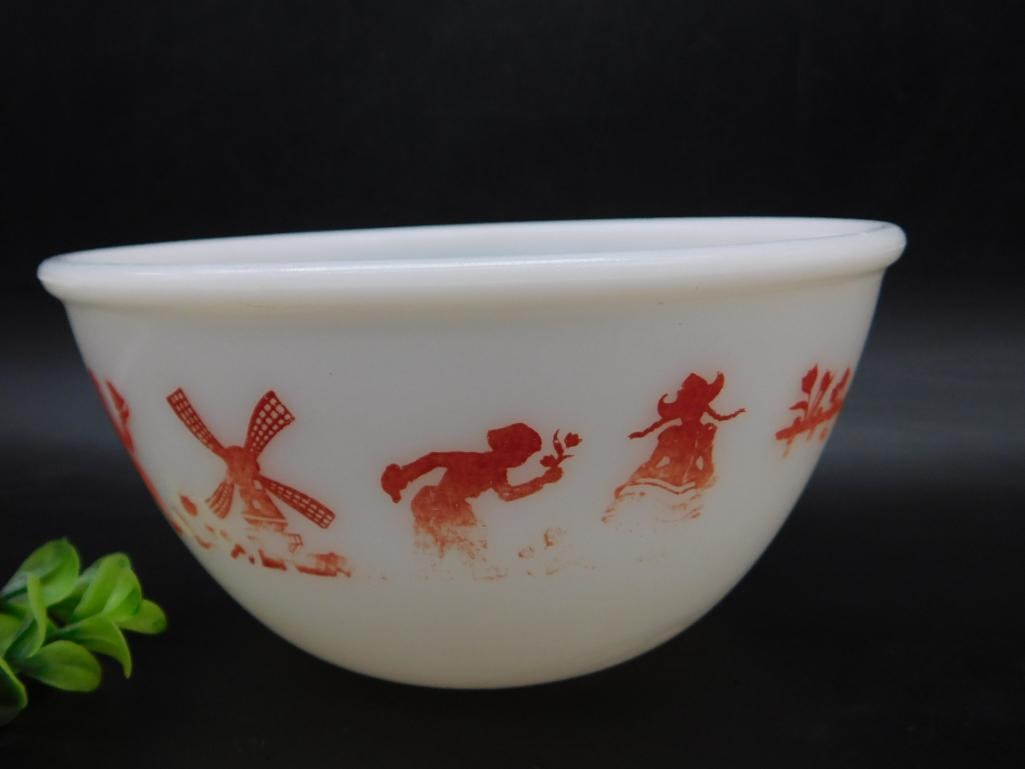 Mid-Century Milk Glass Bowl with Red Dutch Themed Design: Mid-Century Milk Glass Bowl with Red Dutch Themed Design