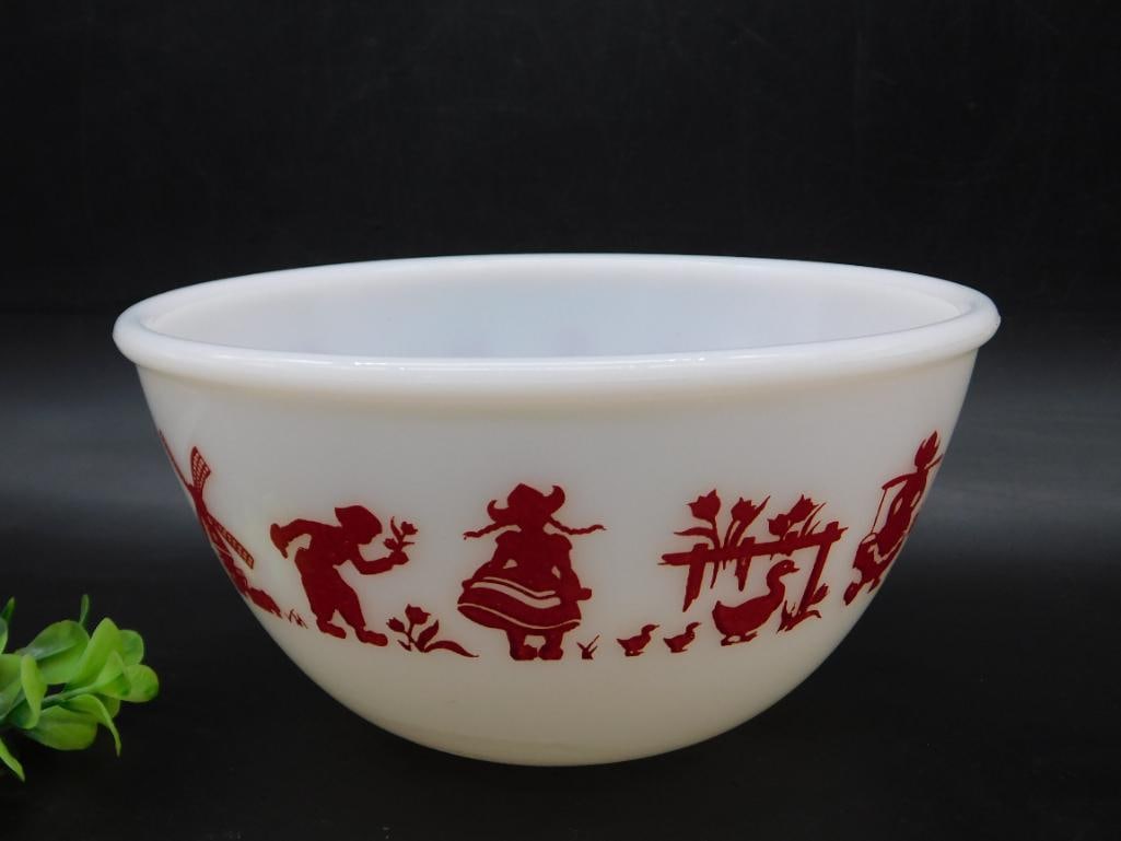 Vintage Milk Glass Bowl with Red Dutch Scene Design: Vintage Milk Glass Bowl with Red Dutch Scene Design