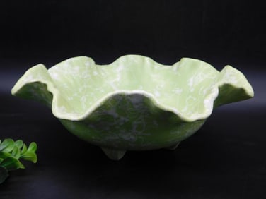 Vintage Green Ceramic Footed Bowl With Ruffled Edges