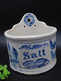 Vintage Ceramic Wall-Mount Salt Box with Blue Floral Design