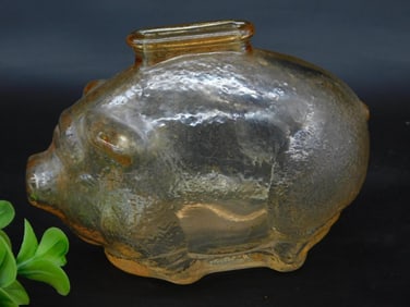 Vintage Clear Amber Glass Piggy Bank with Coin Slot