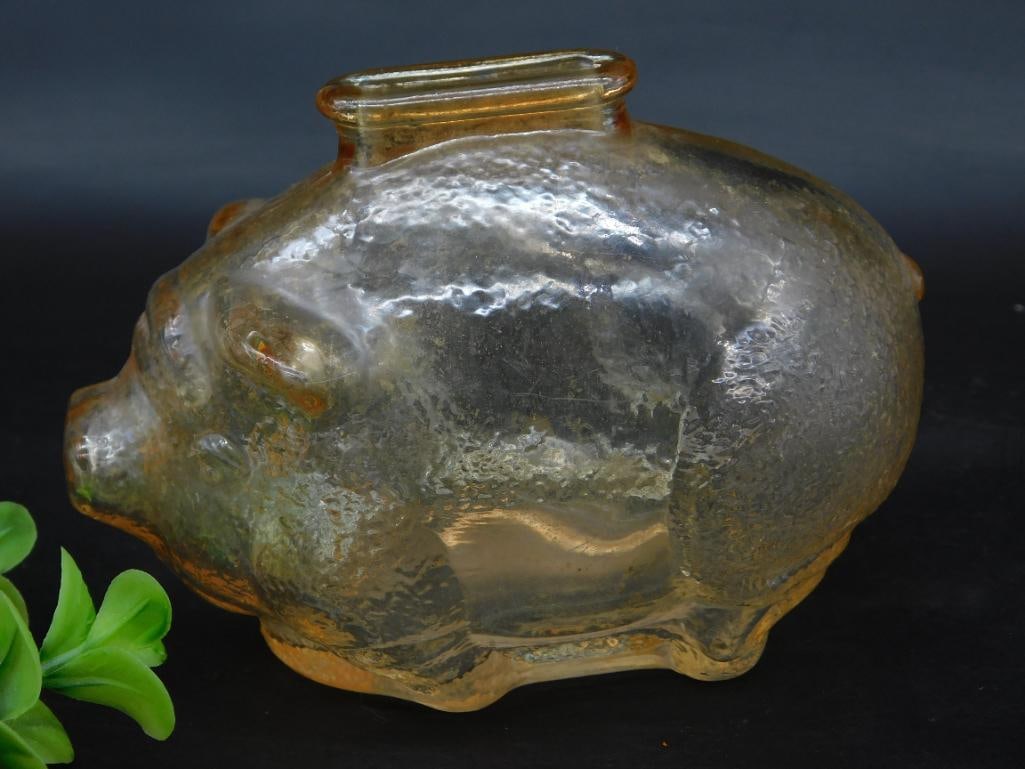 Vintage Clear Amber Glass Piggy Bank with Coin Slot: Vintage Clear Amber Glass Piggy Bank with Coin Slot
