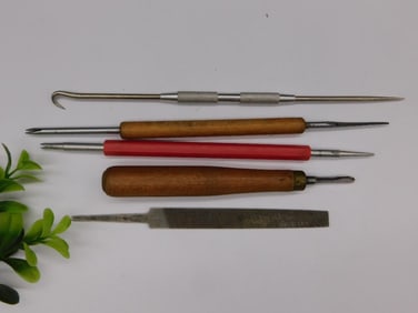 Five Multi-Purpose Hand Tools with Wooden and Metal Handles