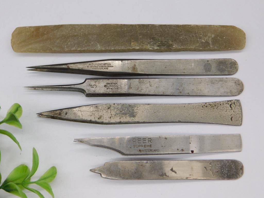 Vintage Swiss Tweezers and Sharpening Stone Set Watchmaking Watchmaker Tools: Vintage Swiss Tweezers and Sharpening Stone Set Watchmaking Watchmaker Tools