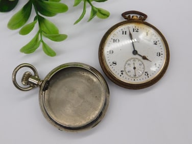 Antique Pocket Watch Pair with Decorative Back Cases Watchmaking Watchmaker Tools