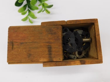 Vintage Wooden Box with Assorted Metal Hardware Watchmaking Watchmaker Tools