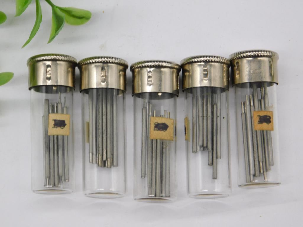 Five Vintage Steel Needle Vials With Metal Caps WATCHMAKER WATCHMAKING TOOLS: Five Vintage Steel Needle Vials With Metal Caps WATCHMAKER WATCHMAKING TOOLS
