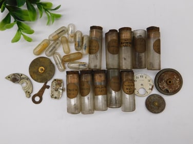Antique Watch Parts and Vials with Components Watchmaker Watchmaking Tools