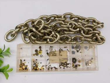 Gold-Tone Metal Chain and Assorted Watch Parts Set Watchmaker Watchmaking Tools