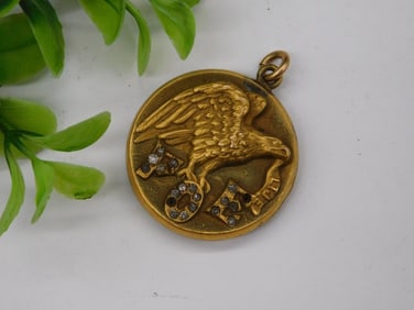 Vintage Gold-Tone Locket Pendant Featuring Eagle and Faux Jewel Watchmaker Watchmaking Tools